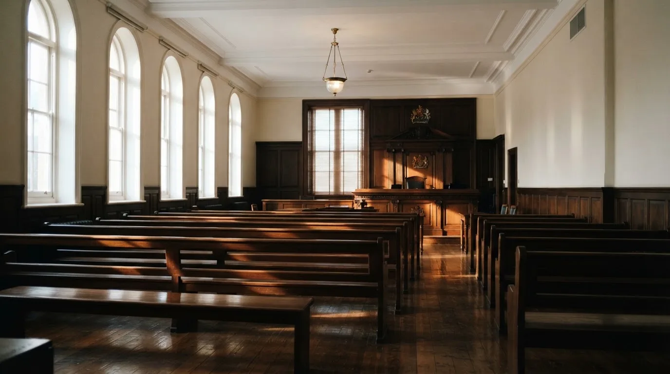 An empty courtroom with wooden benches in morning light
