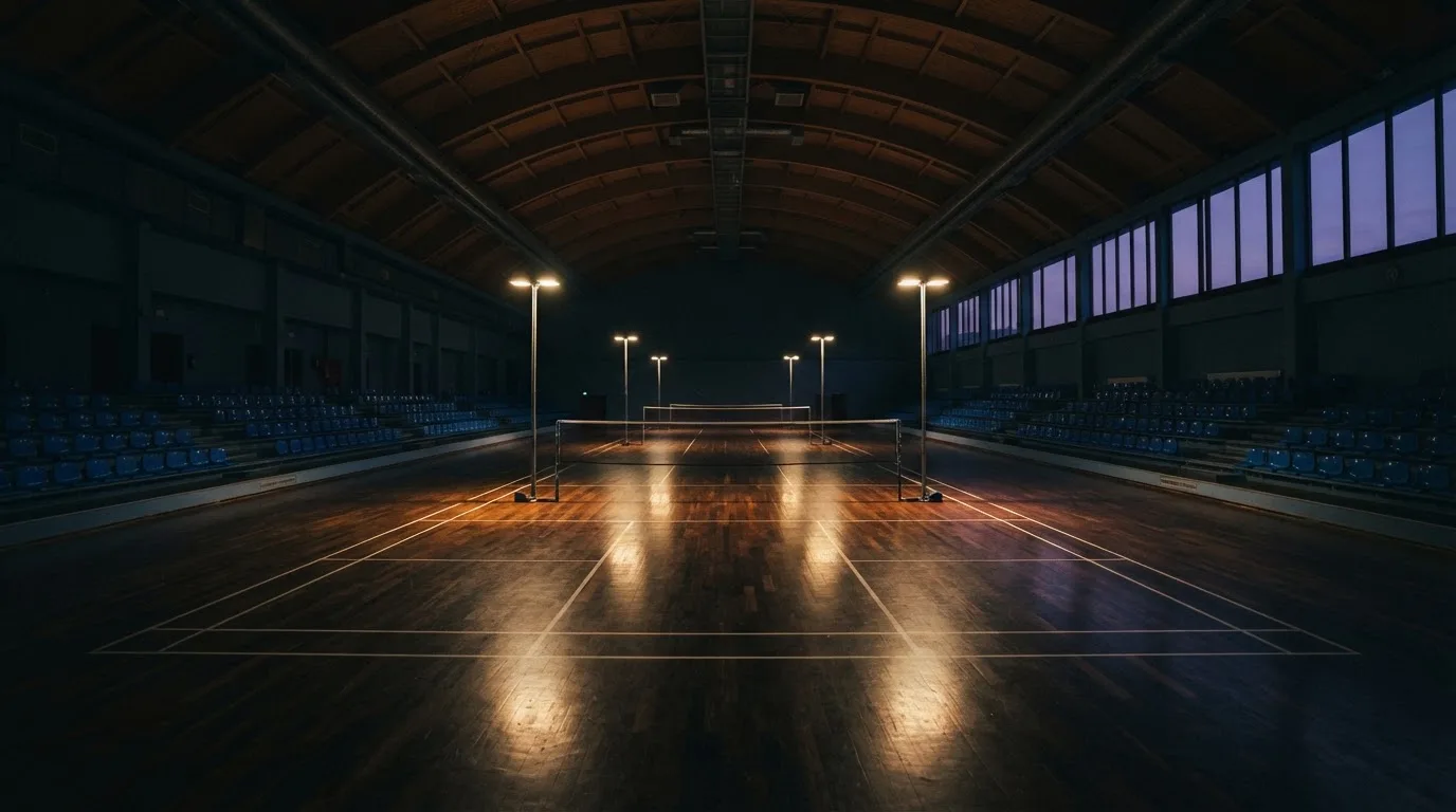 An empty football stadium with floodlight masts at dusk