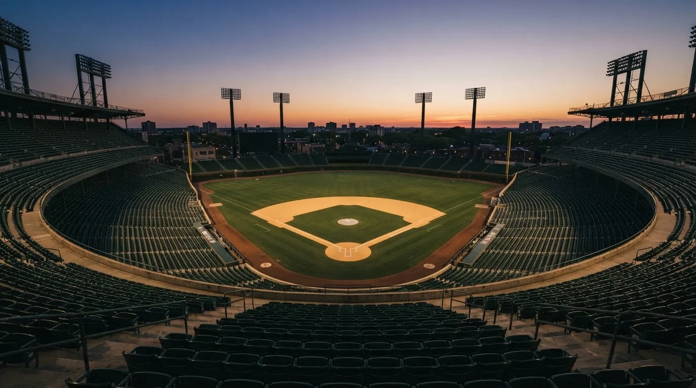 An empty football stadium with floodlight masts at dusk