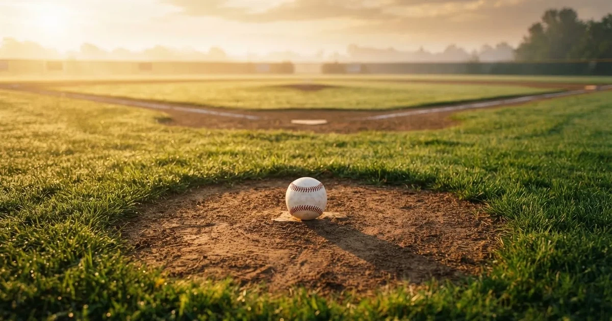 A ball on the centre spot of a grass pitch in morning light