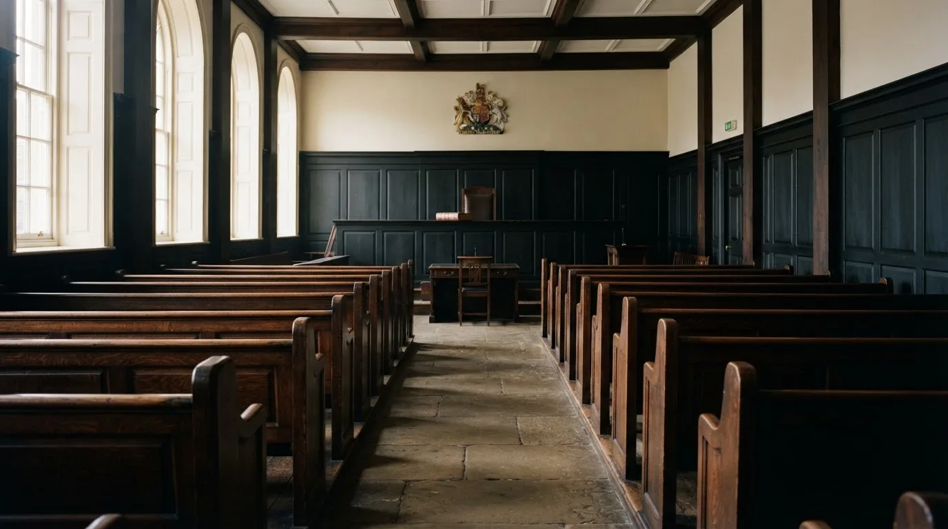 An empty courtroom with wooden benches in morning light