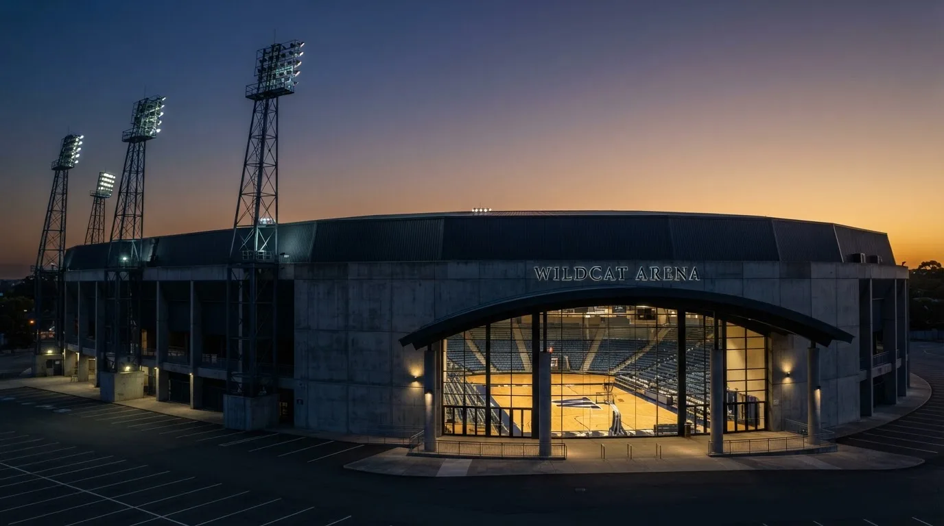 An empty football stadium with floodlight masts at dusk