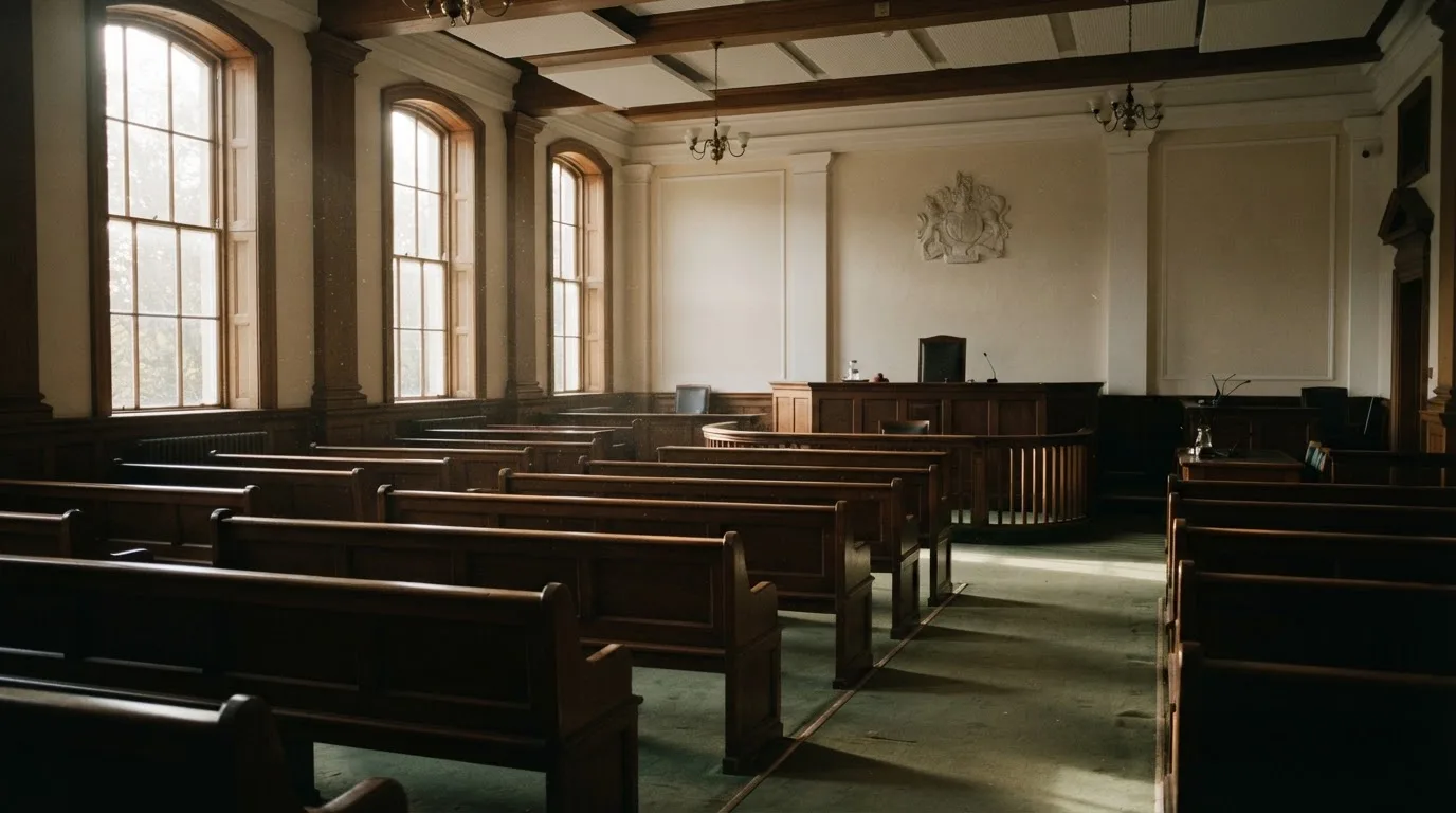 An empty courtroom with wooden benches in morning light