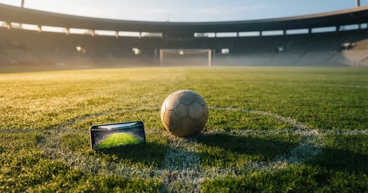 A ball on the centre spot of a grass pitch in morning light