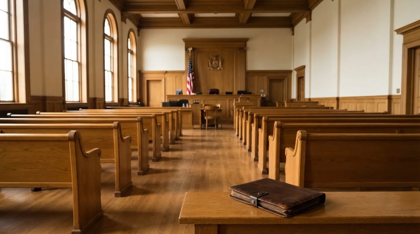 An empty courtroom with wooden benches in morning light