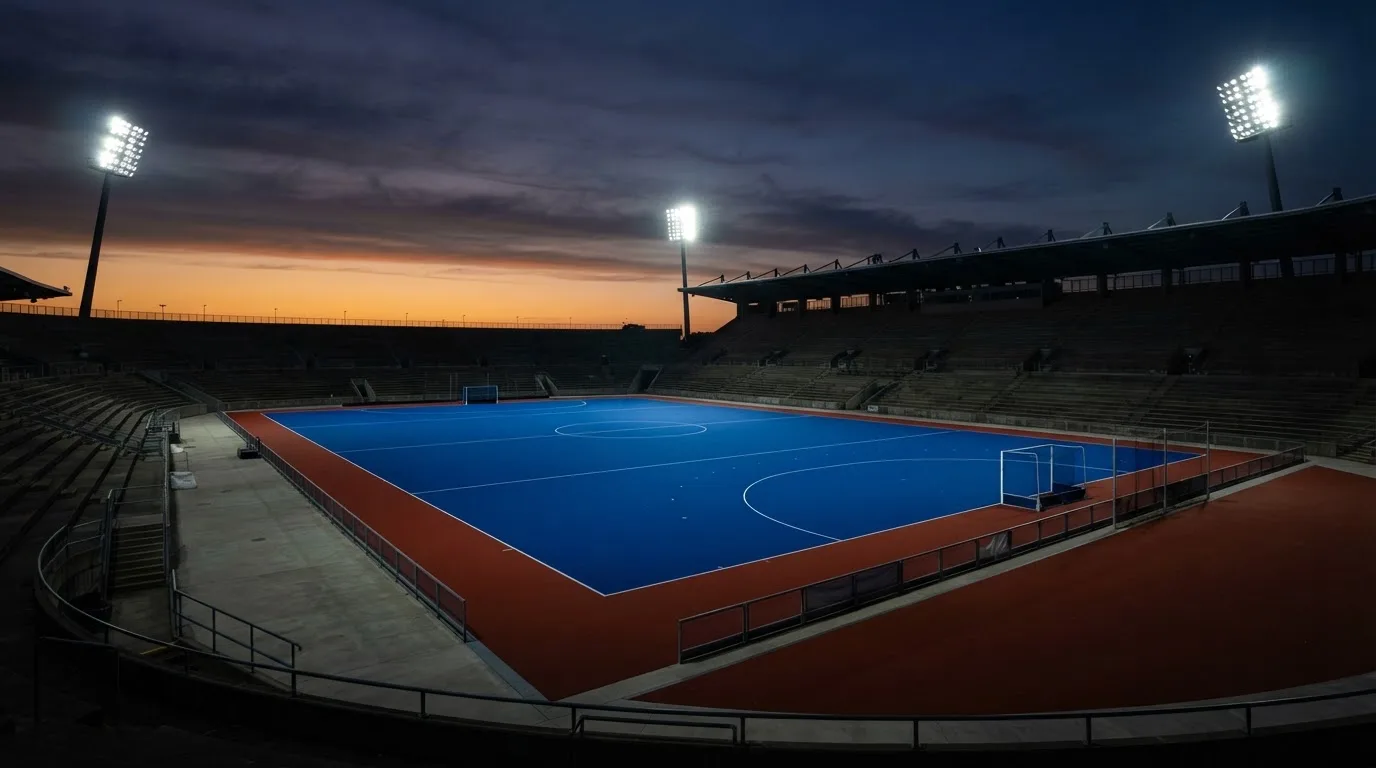 An empty football stadium with floodlight masts at dusk