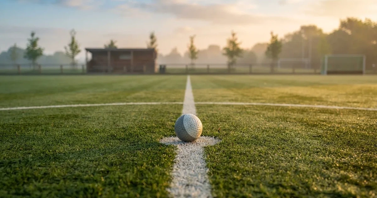 A ball on the centre spot of a grass pitch in morning light
