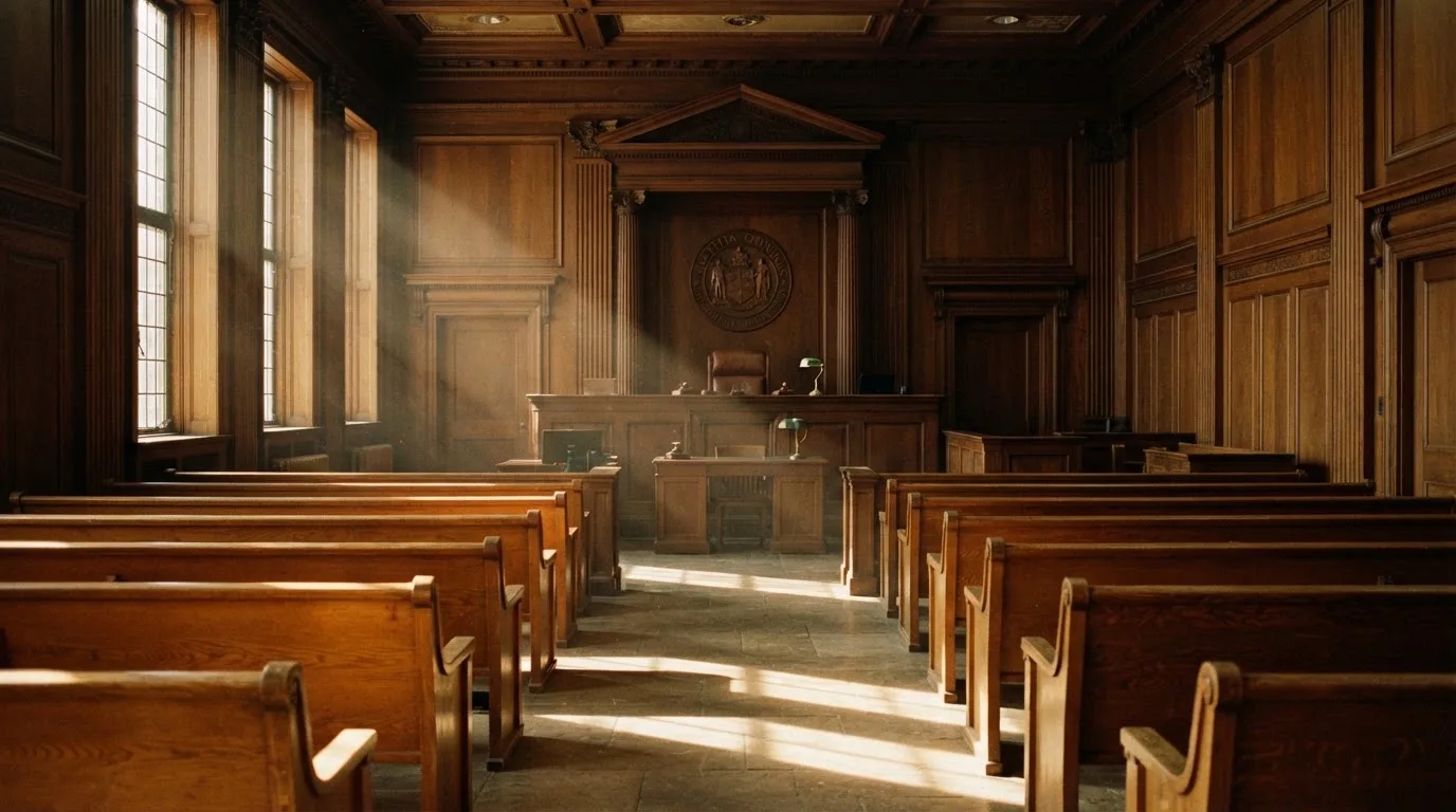 An empty courtroom with wooden benches in morning light