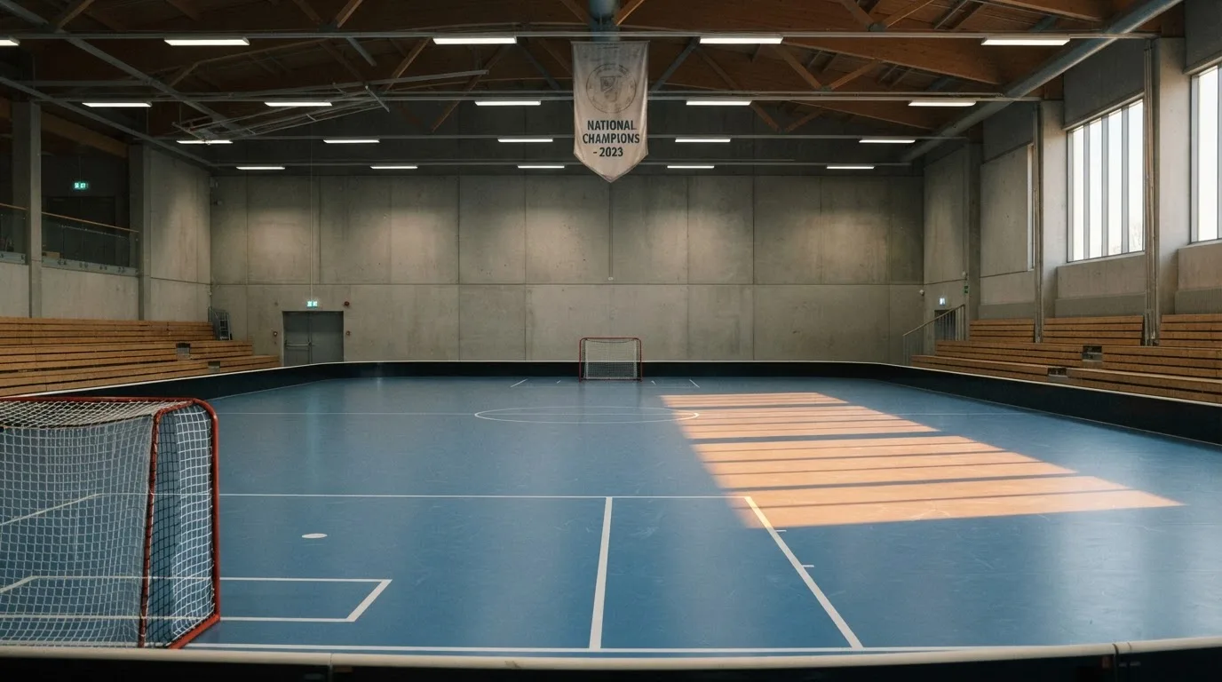 An empty courtroom with wooden benches in morning light