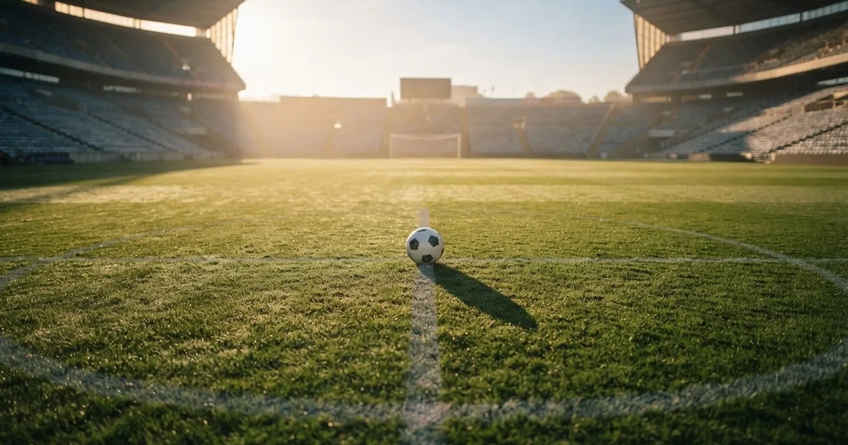 A ball on the centre spot of a grass pitch in morning light