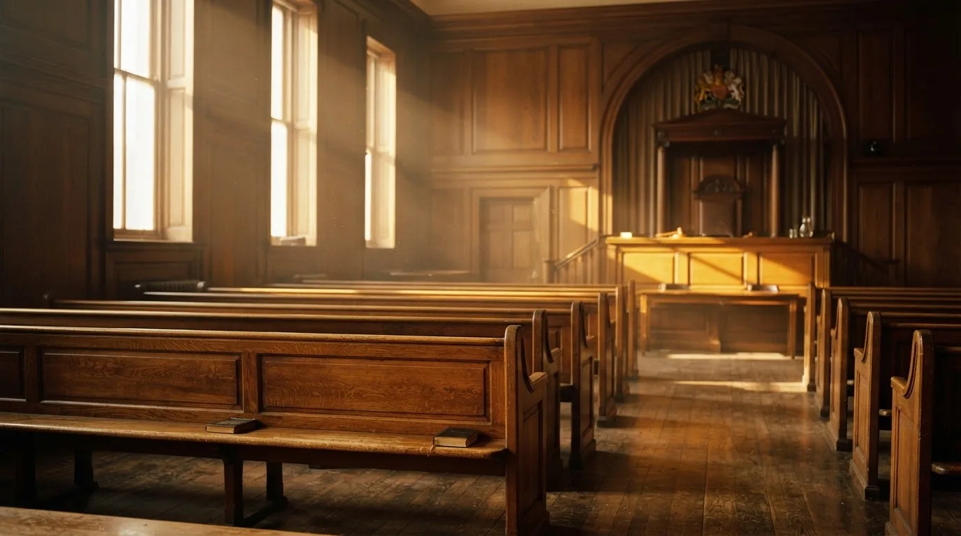 An empty courtroom with wooden benches in morning light
