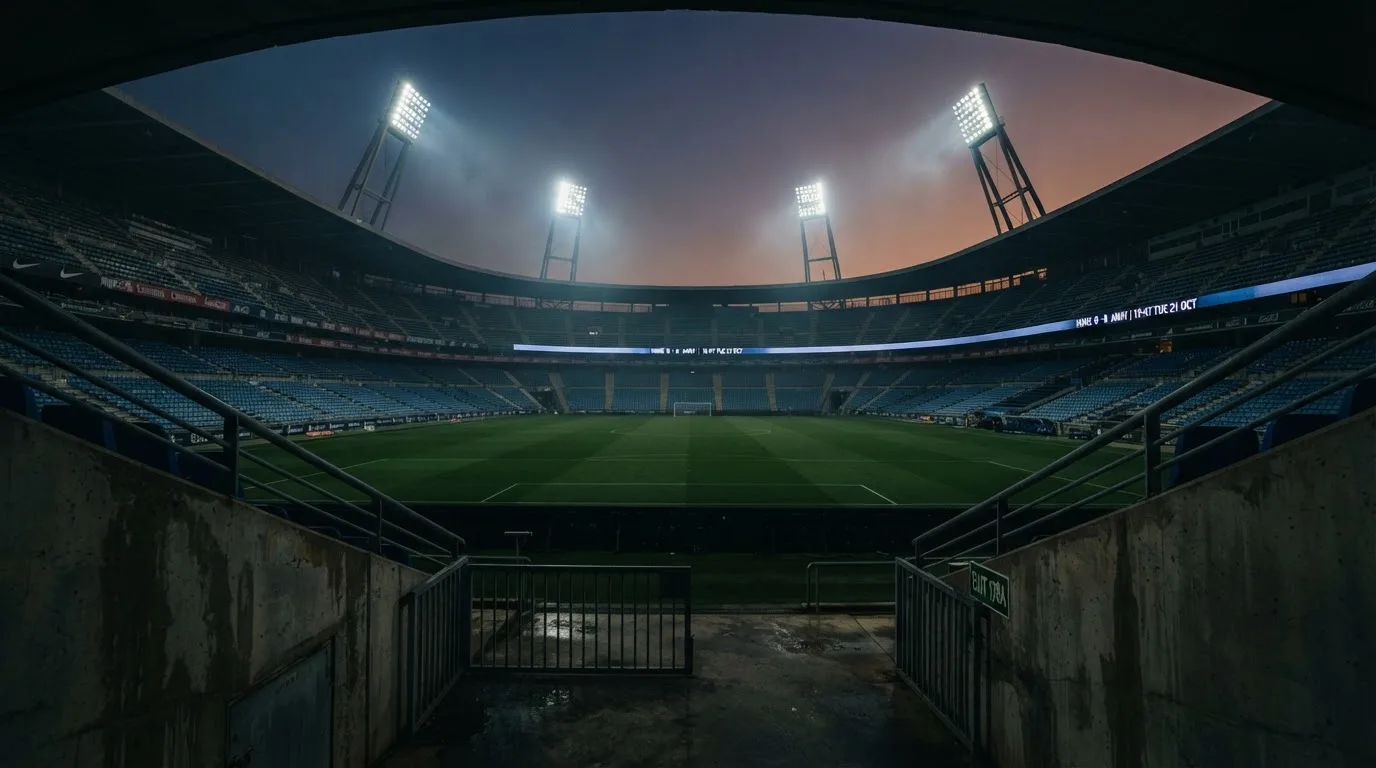 An empty football stadium with floodlight masts at dusk
