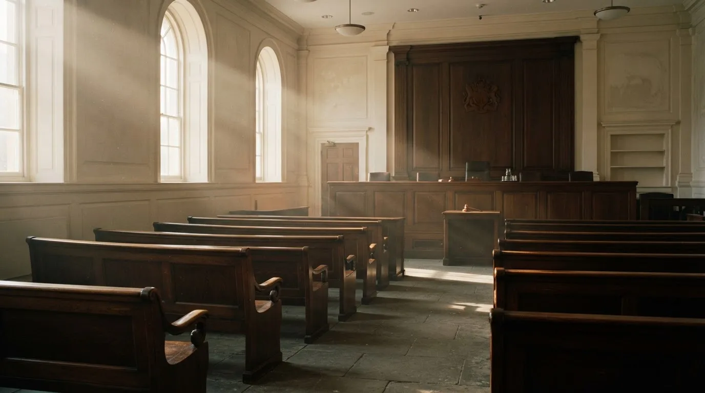 An empty courtroom with wooden benches in morning light