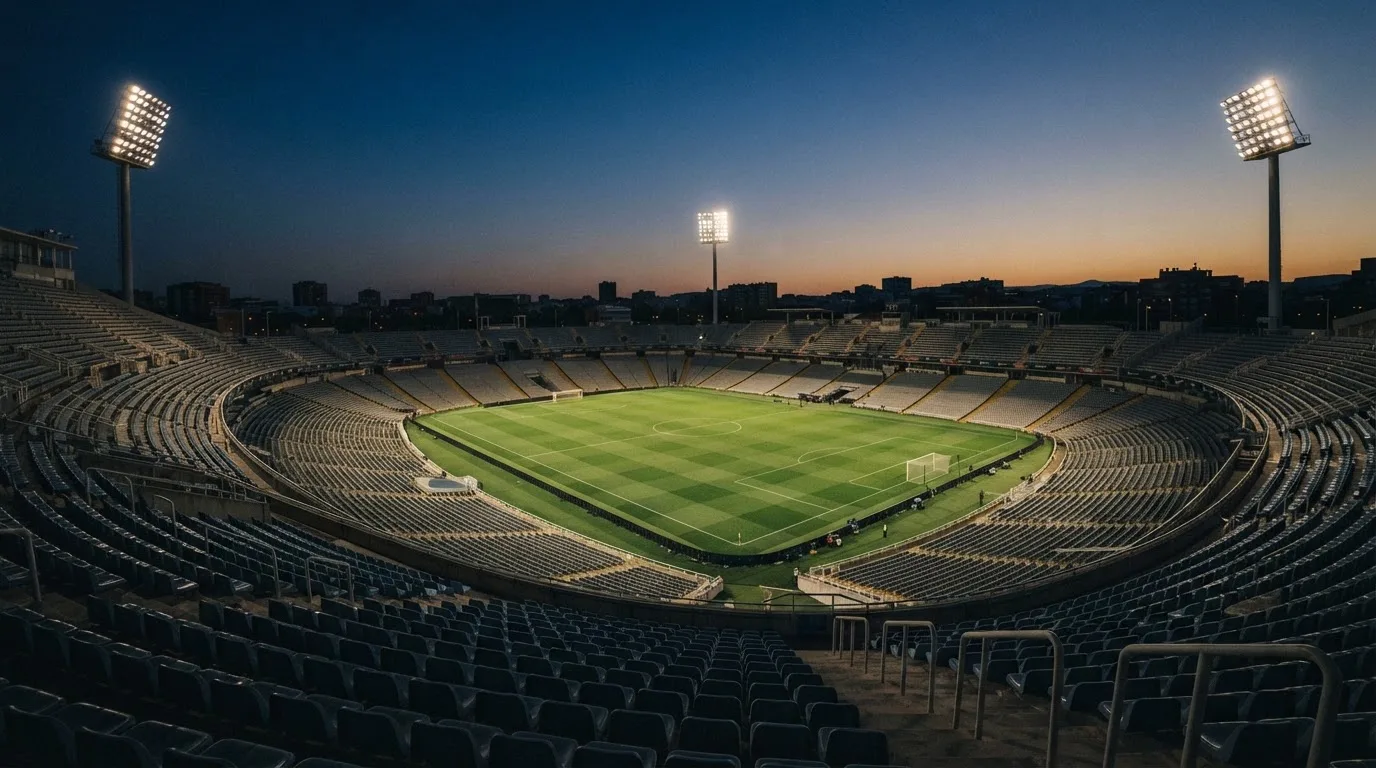An empty football stadium with floodlight masts at dusk