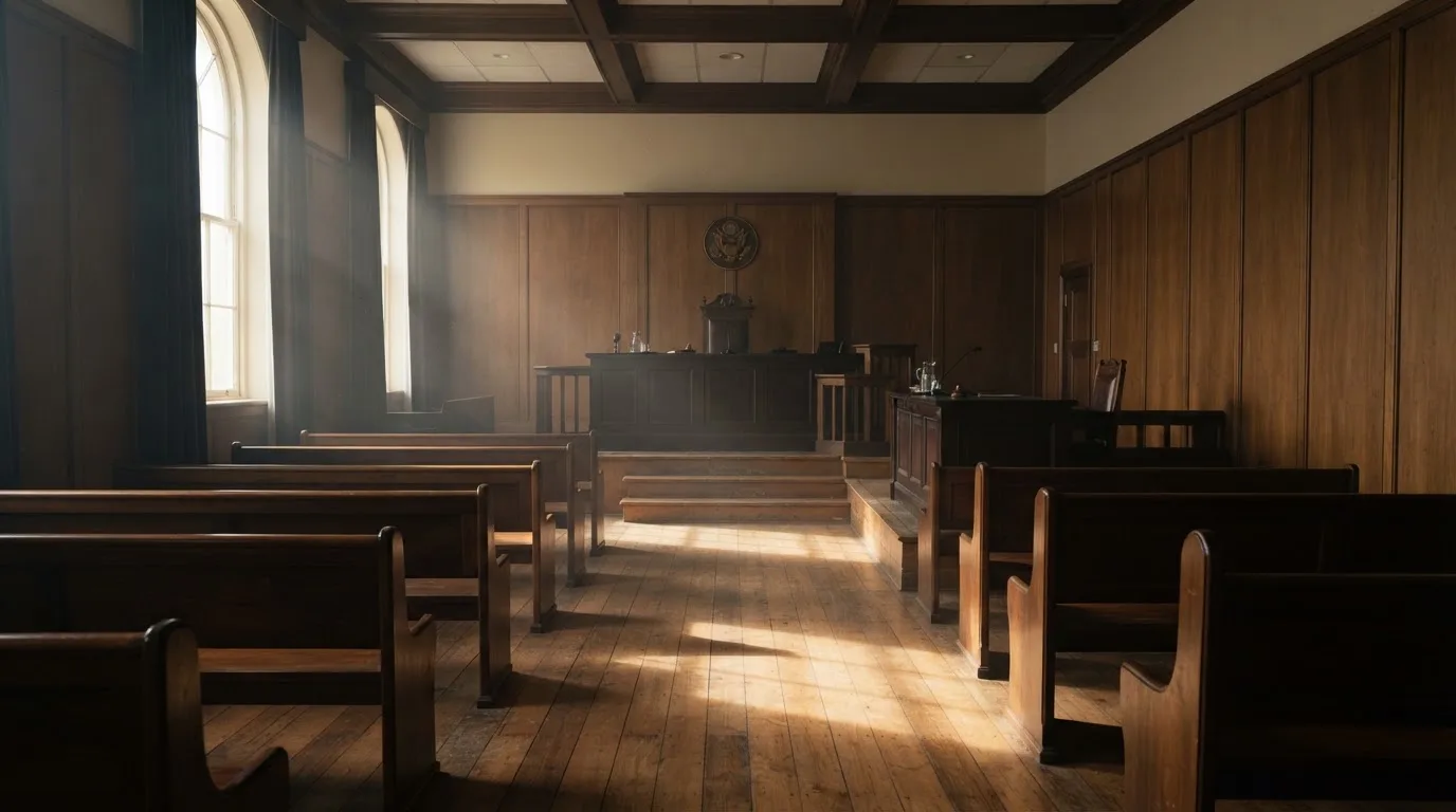 An empty courtroom with wooden benches in morning light