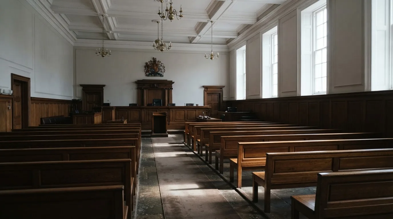 An empty courtroom with wooden benches in morning light