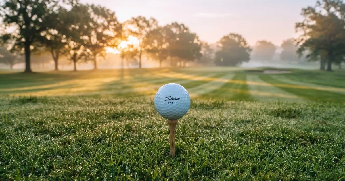 A ball on the centre spot of a grass pitch in morning light