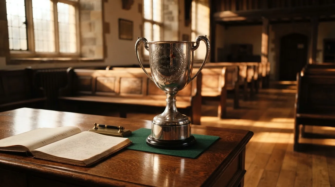 An empty courtroom with wooden benches in morning light