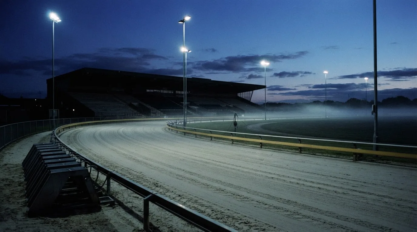 An empty football stadium with floodlight masts at dusk