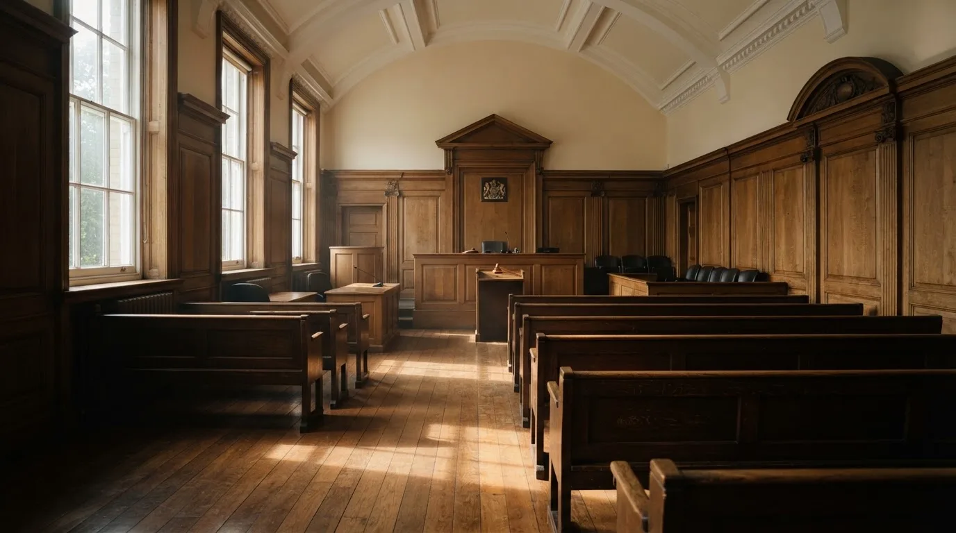 An empty courtroom with wooden benches in morning light