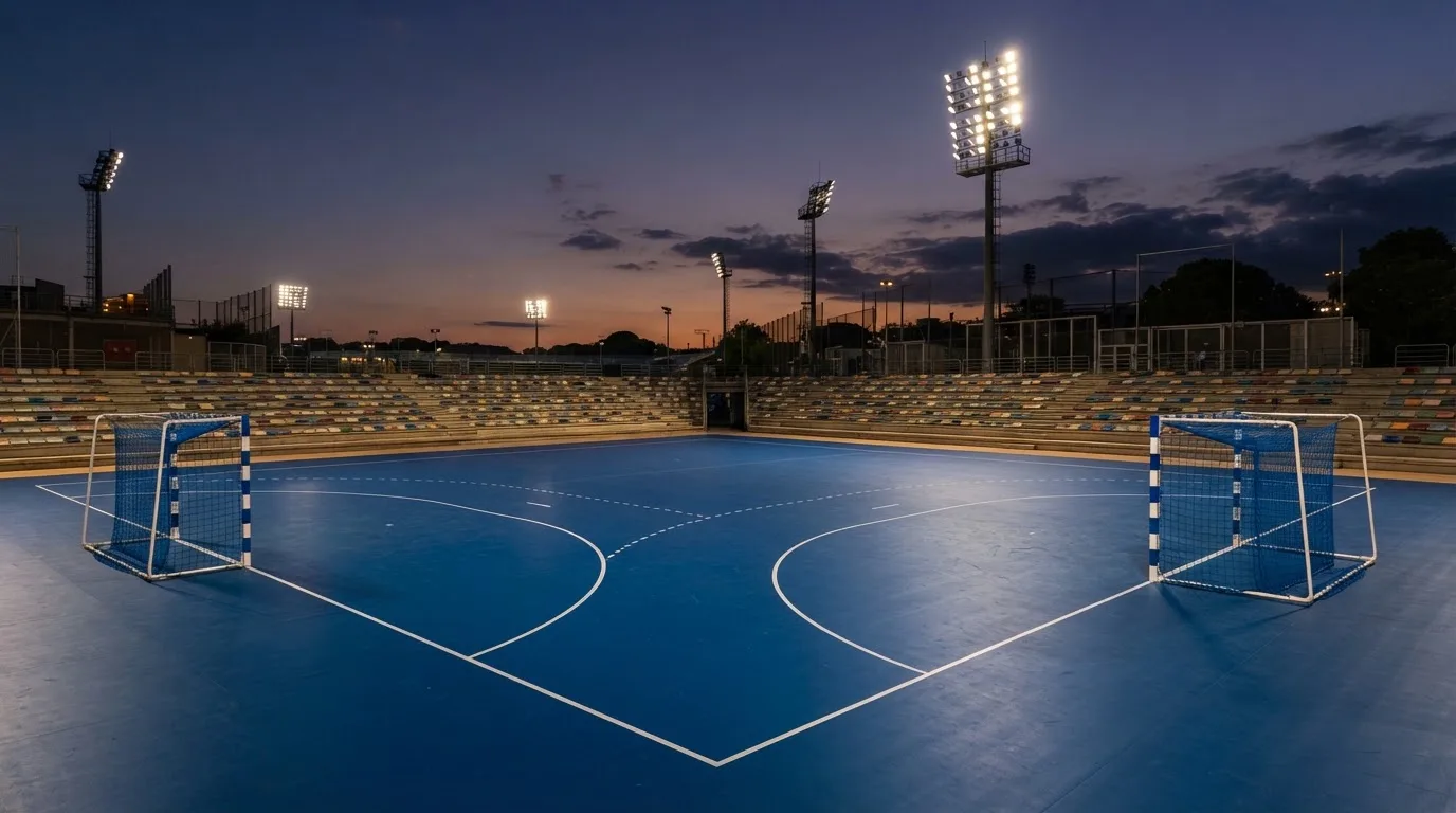 An empty football stadium with floodlight masts at dusk