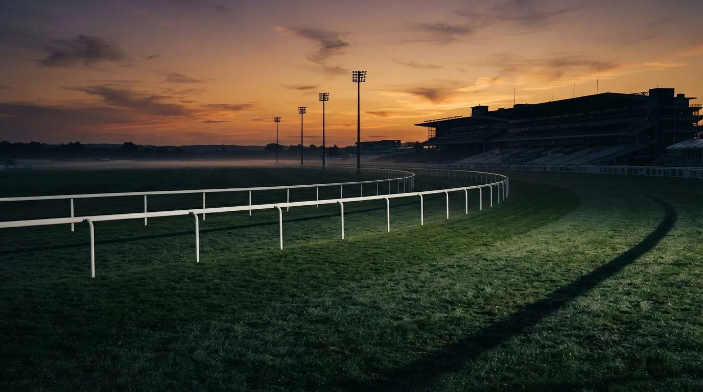 An empty football stadium with floodlight masts at dusk