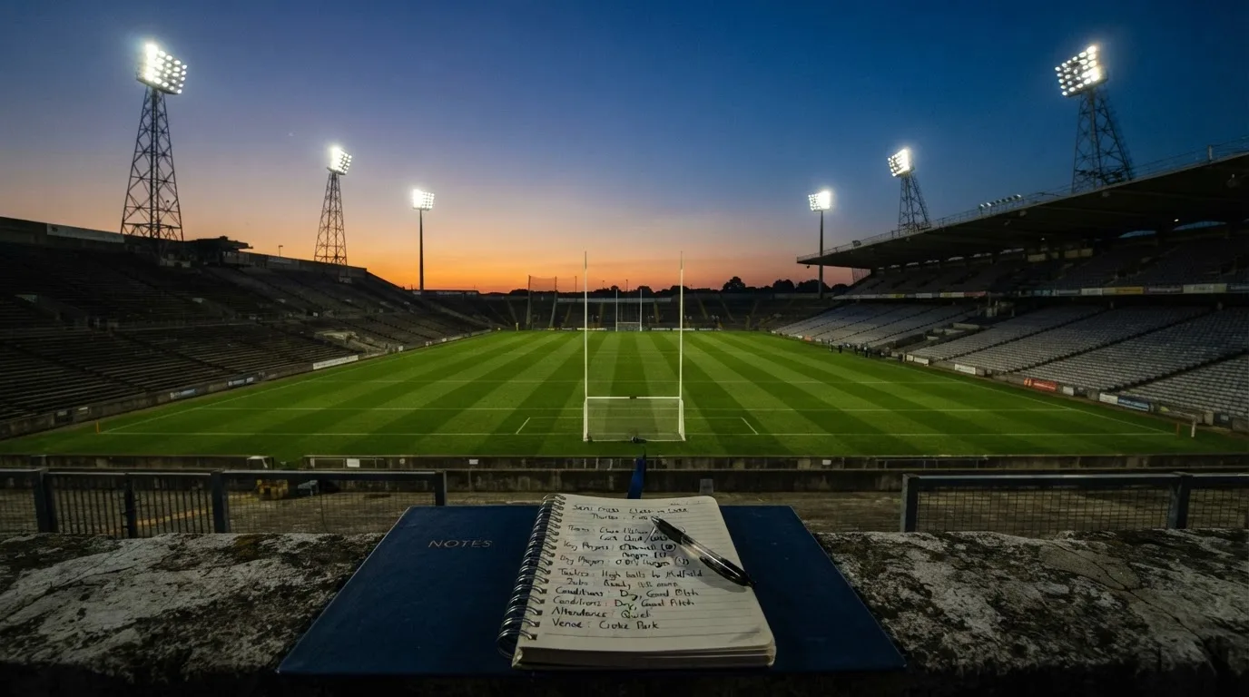 An empty football stadium with floodlight masts at dusk