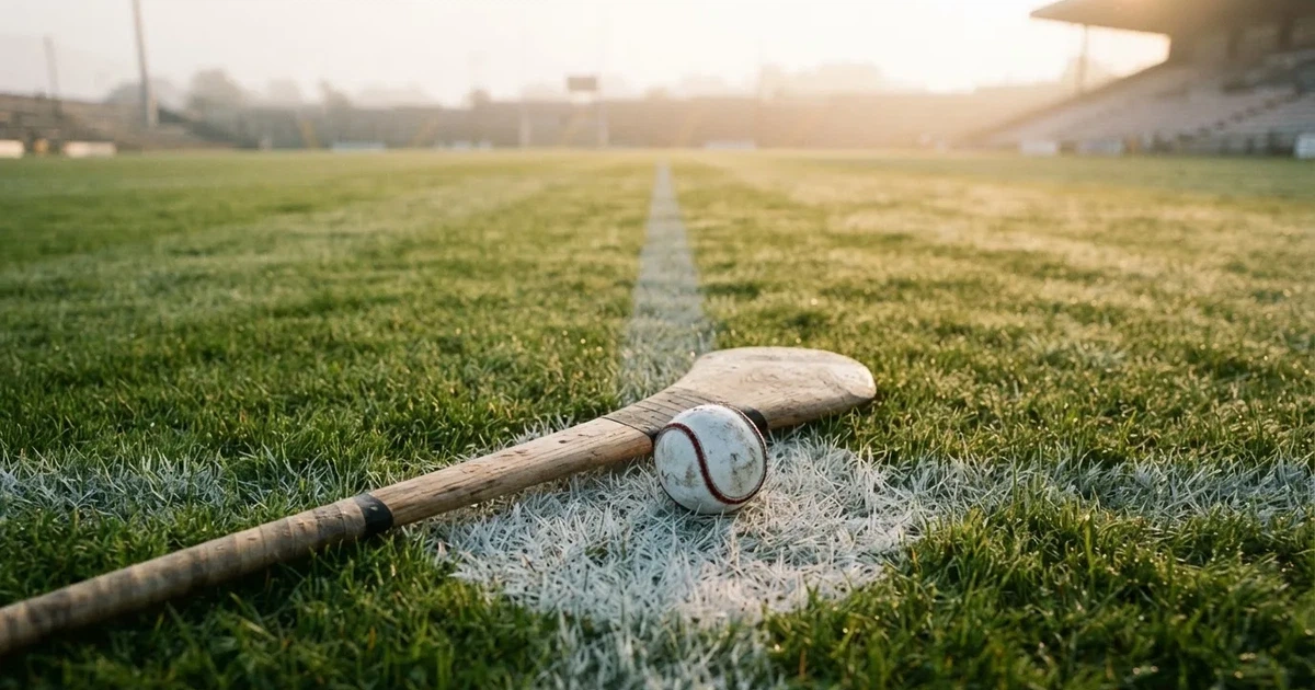 A ball on the centre spot of a grass pitch in morning light