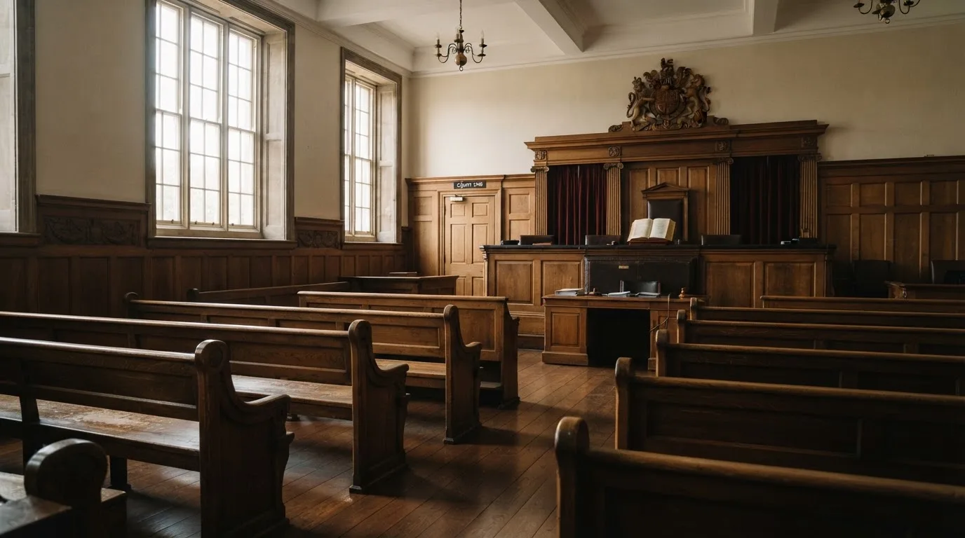 An empty courtroom with wooden benches in morning light