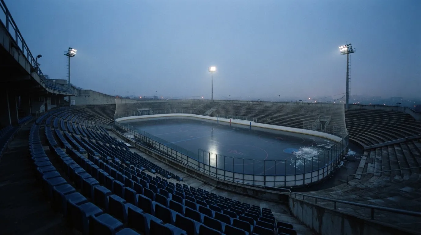An empty football stadium with floodlight masts at dusk