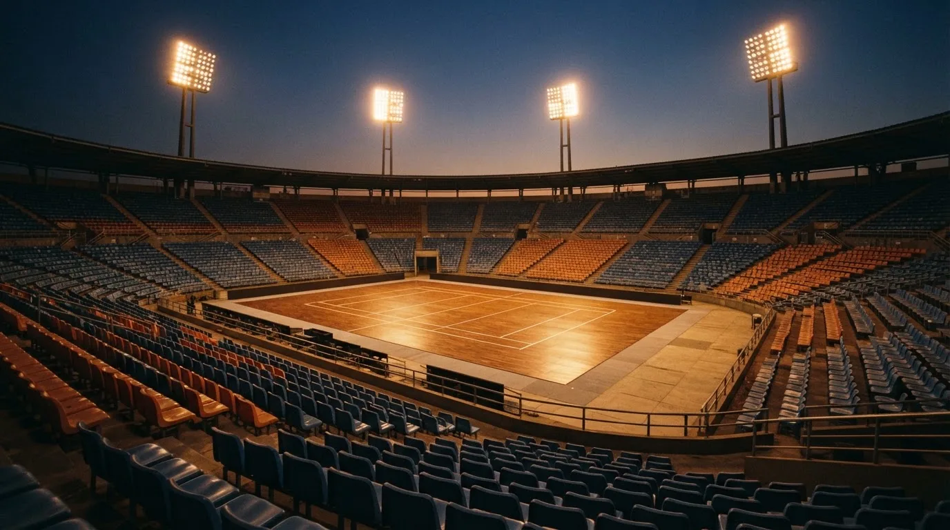 An empty football stadium with floodlight masts at dusk