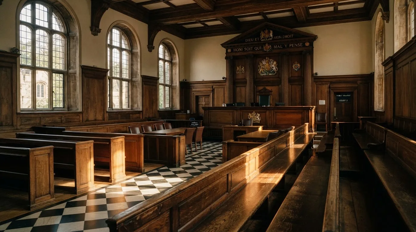 An empty courtroom with wooden benches in morning light