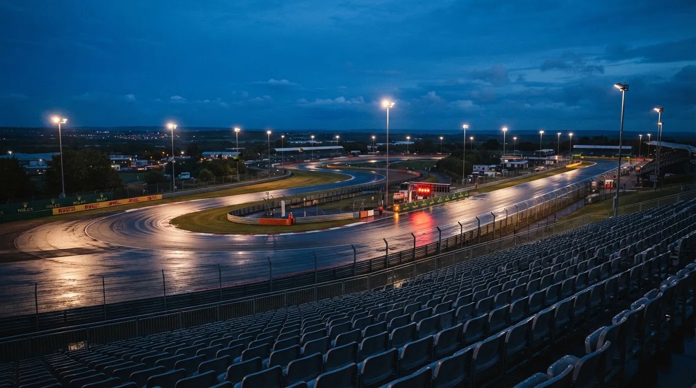 An empty football stadium with floodlight masts at dusk