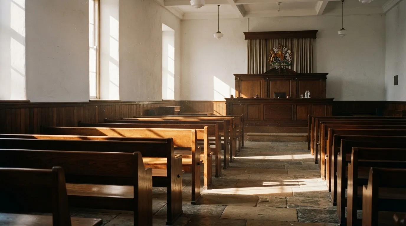 An empty courtroom with wooden benches in morning light