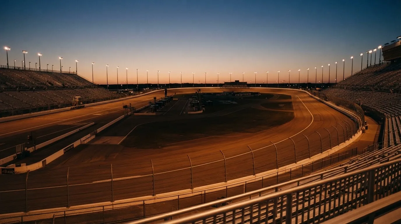 An empty football stadium with floodlight masts at dusk