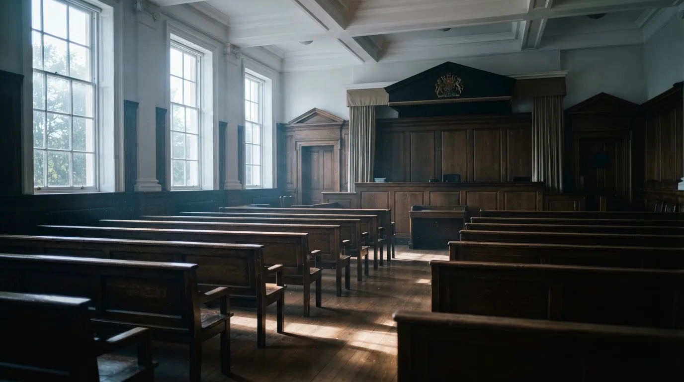 An empty courtroom with wooden benches in morning light