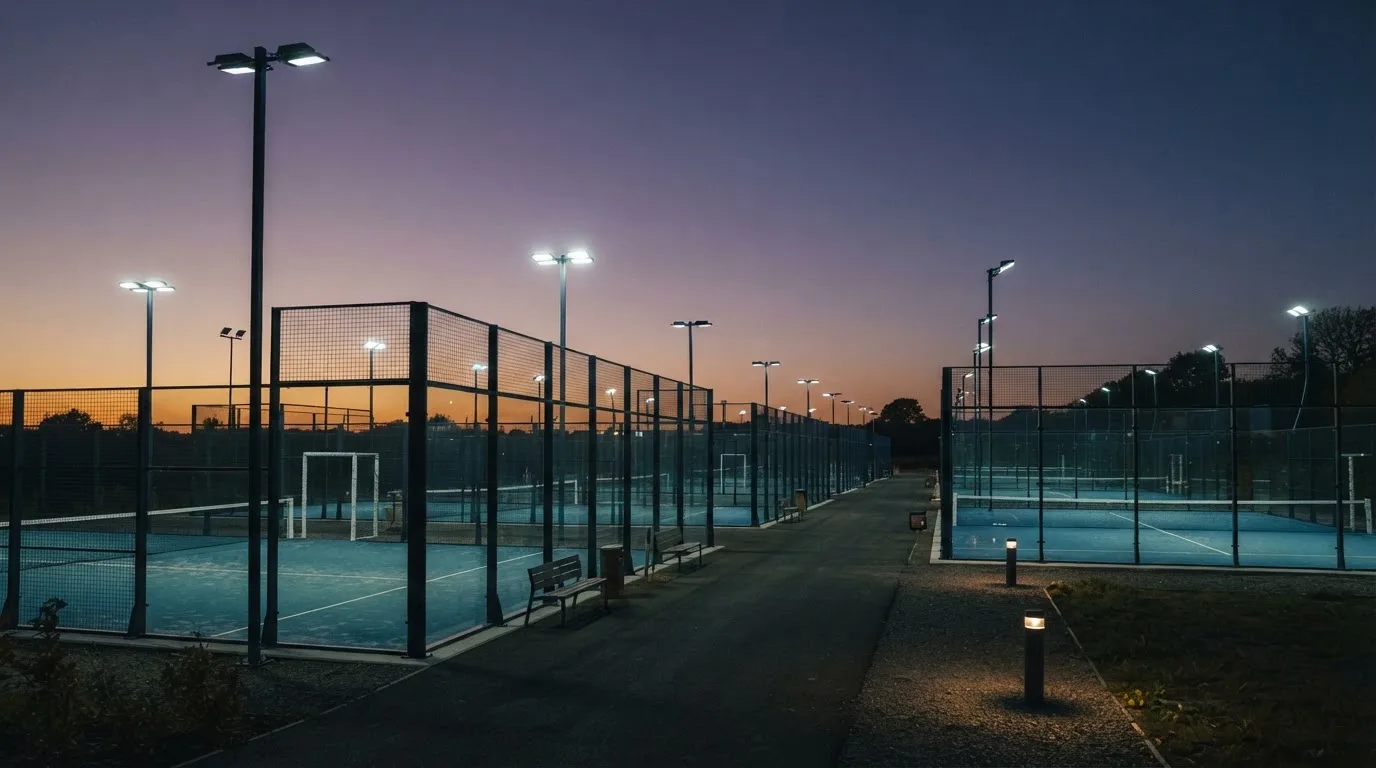 An empty football stadium with floodlight masts at dusk