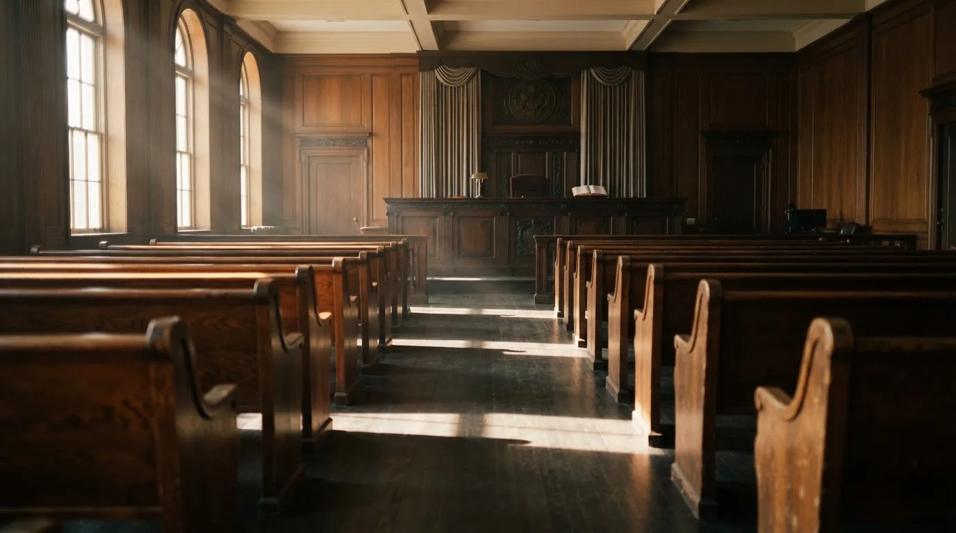 An empty courtroom with wooden benches in morning light