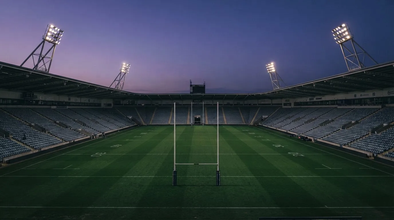 An empty football stadium with floodlight masts at dusk