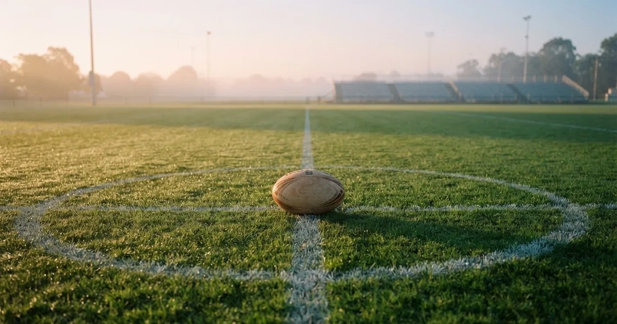 A ball on the centre spot of a grass pitch in morning light
