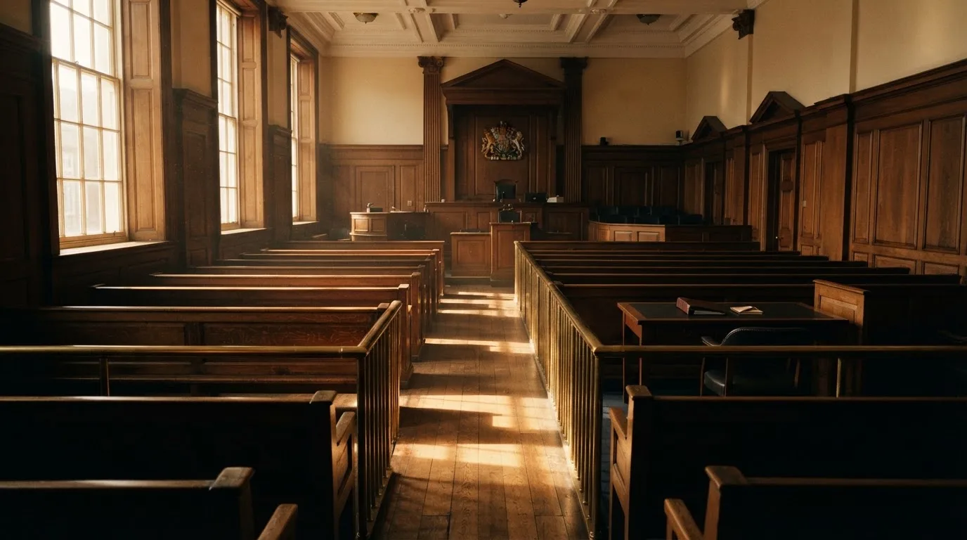 An empty courtroom with wooden benches in morning light