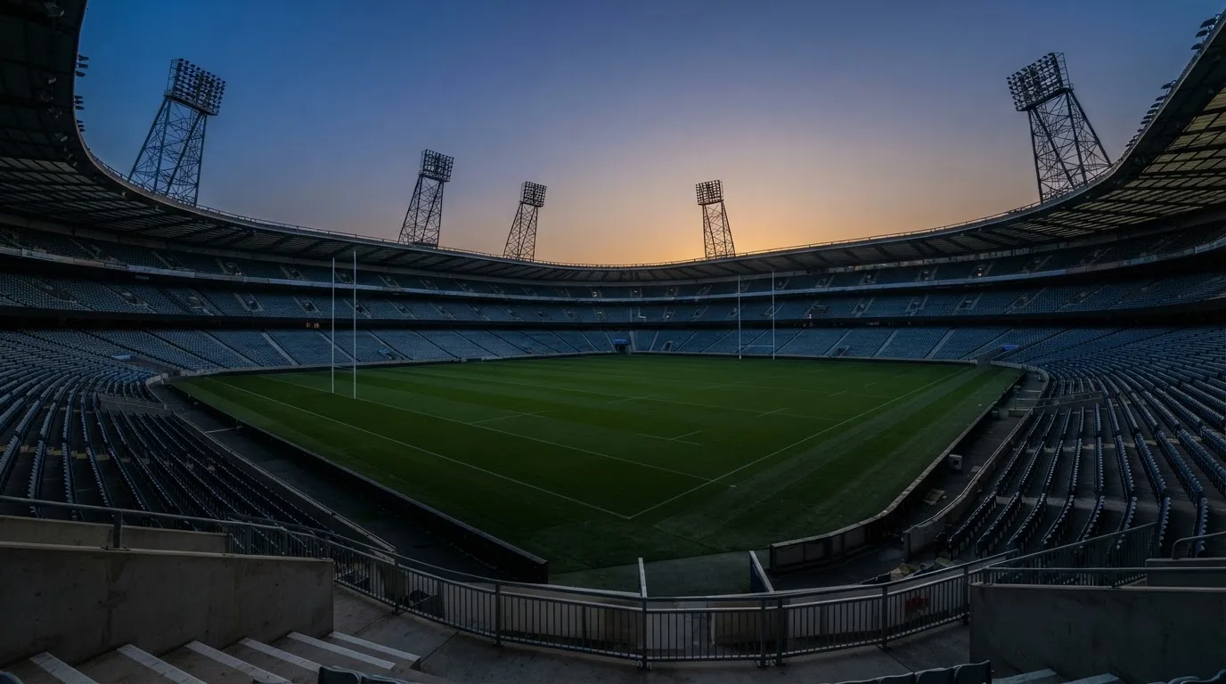 An empty football stadium with floodlight masts at dusk