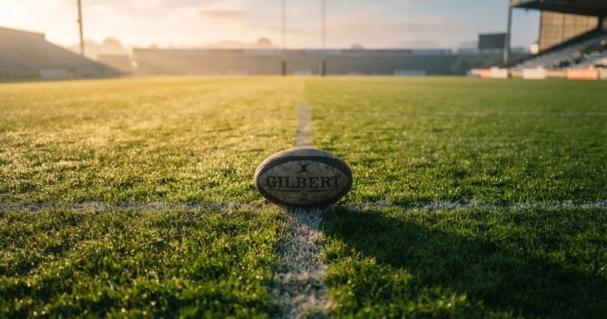 A ball on the centre spot of a grass pitch in morning light