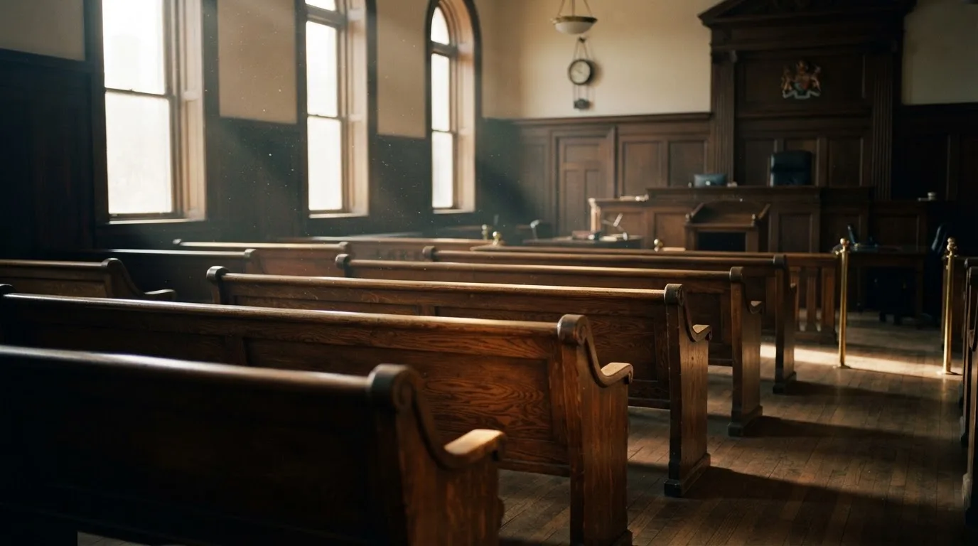 An empty courtroom with wooden benches in morning light