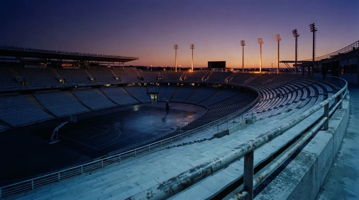 An empty football stadium with floodlight masts at dusk