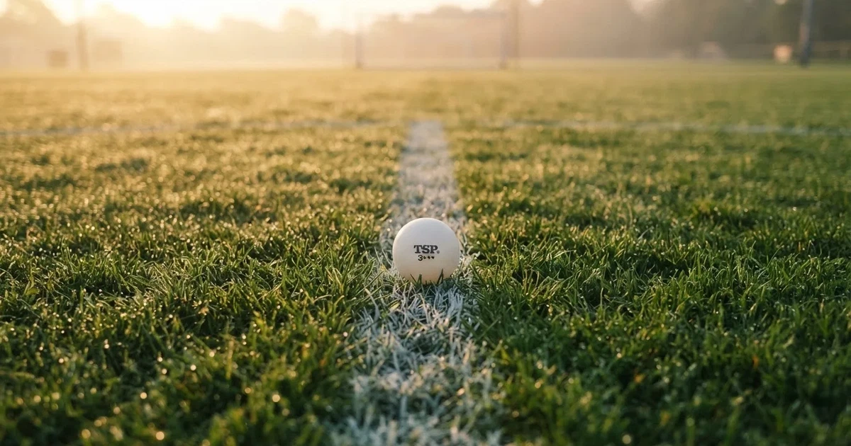 A ball on the centre spot of a grass pitch in morning light
