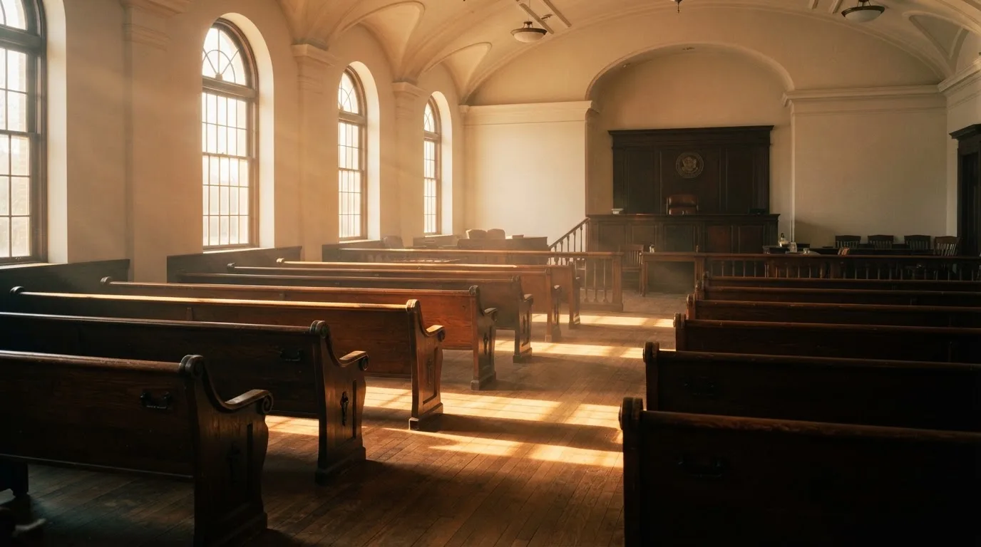 An empty courtroom with wooden benches in morning light