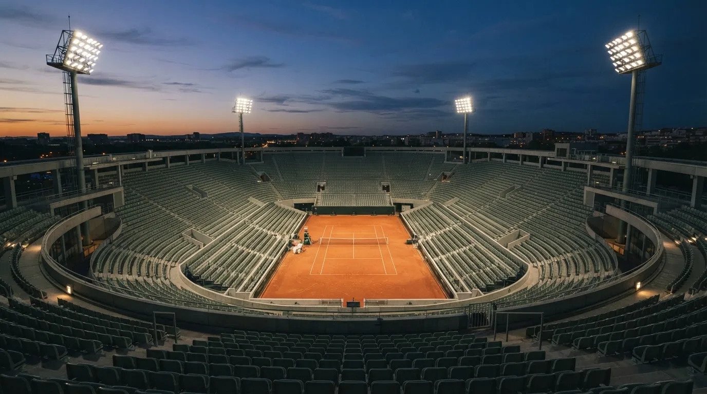 An empty football stadium with floodlight masts at dusk