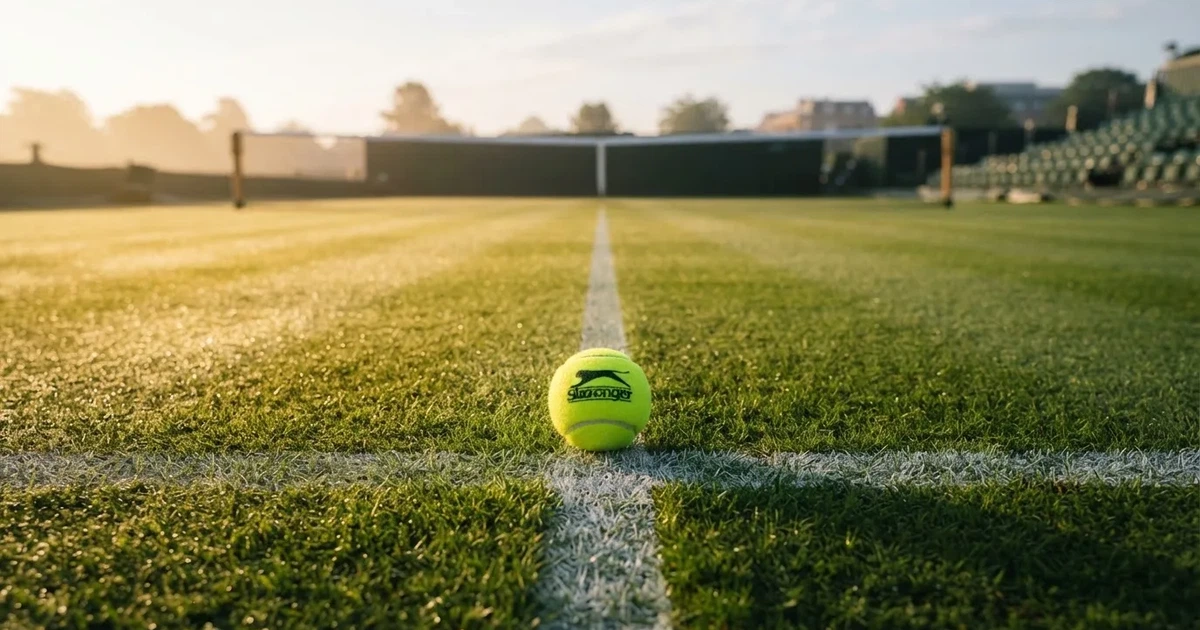 A ball on the centre spot of a grass pitch in morning light