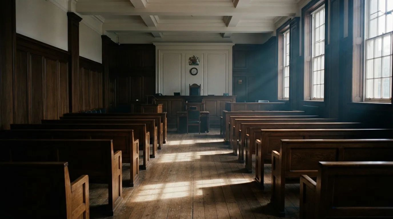 An empty courtroom with wooden benches in morning light